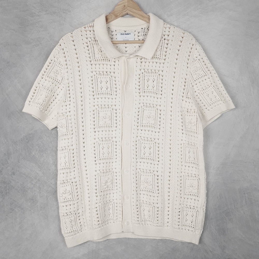 Old Navy Open Knit Sweater Polo Shirt Mens Medium White Button Up